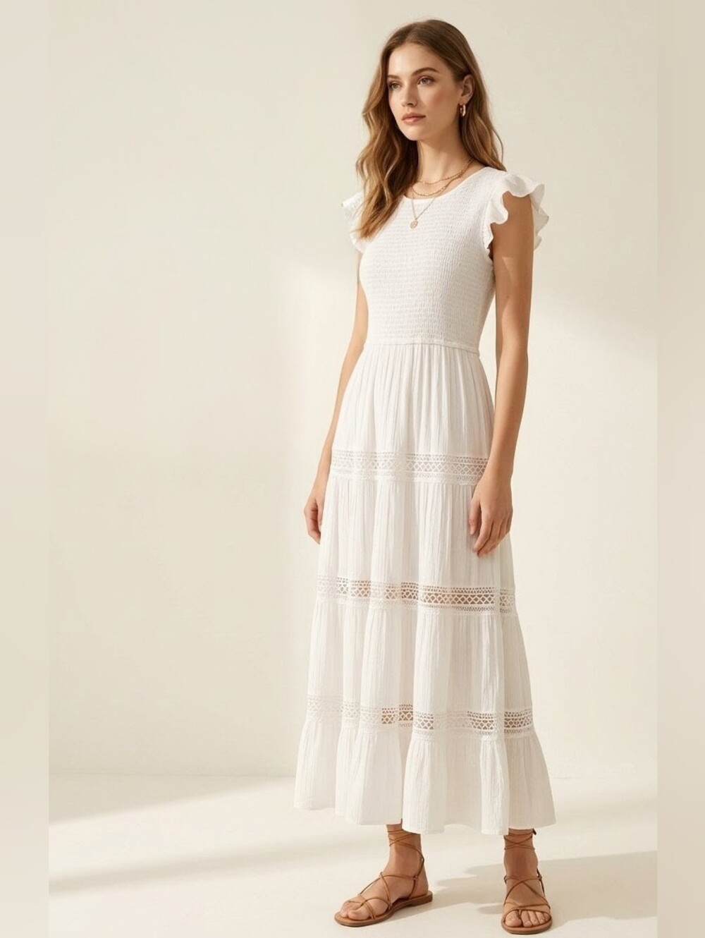 Moon Orchid White Tiered Boho Maxi Dress Moon Orchid Gauze Smocked Flowy Lined M
